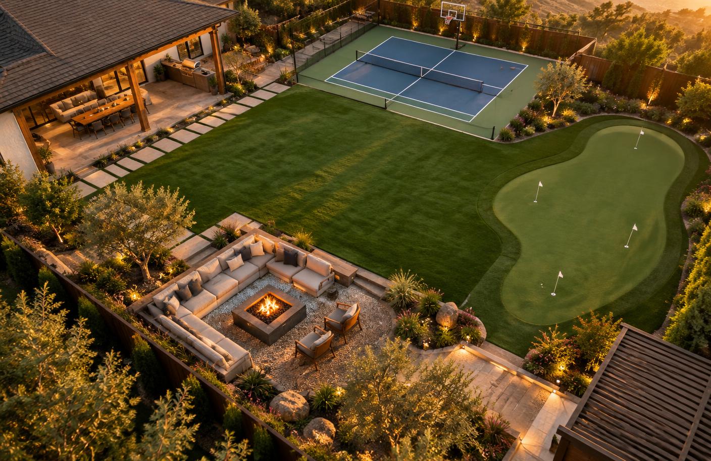 Concept of a whole backyard with turf, green, court and fire pit